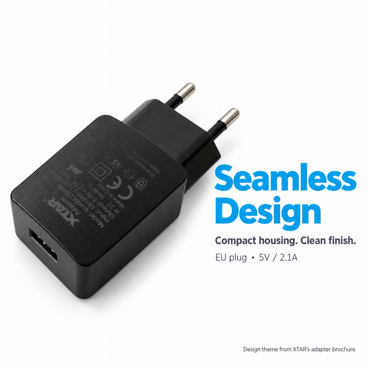 XTAR EU adapter in a side diagonal view showing its compact housing, EU plug and USB-A port; Seamless Design infographic.