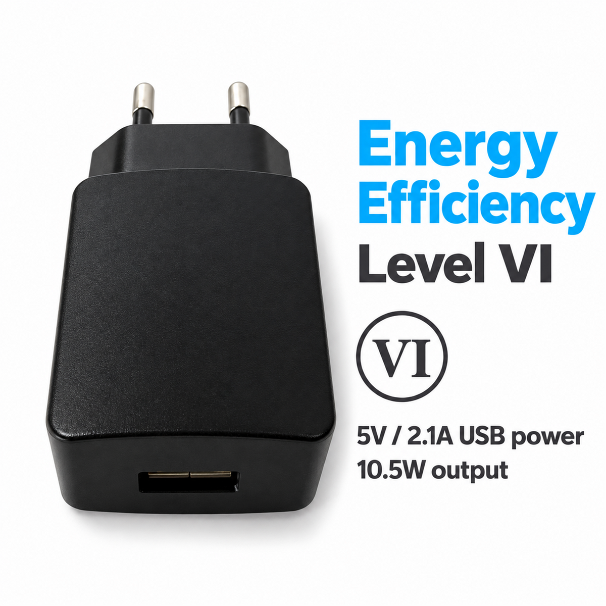 XTAR EU adapter USB-A port view with Energy Efficiency Level VI, 5V / 2.1A and 10.5W output information.