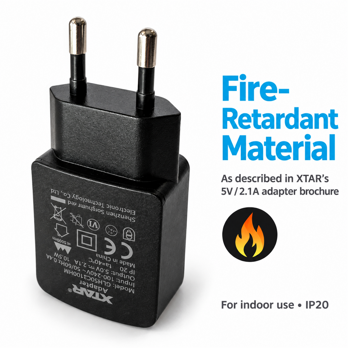 XTAR EU adapter upright casing view with Fire-Retardant Material information attributed to the XTAR adapter brochure; indoor use, IP20.