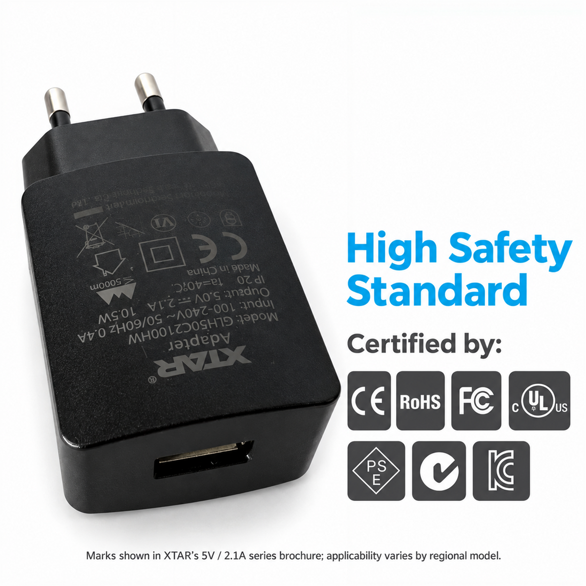 XTAR EU adapter label-side view with certification symbols from the XTAR series brochure; applicability varies by regional model.