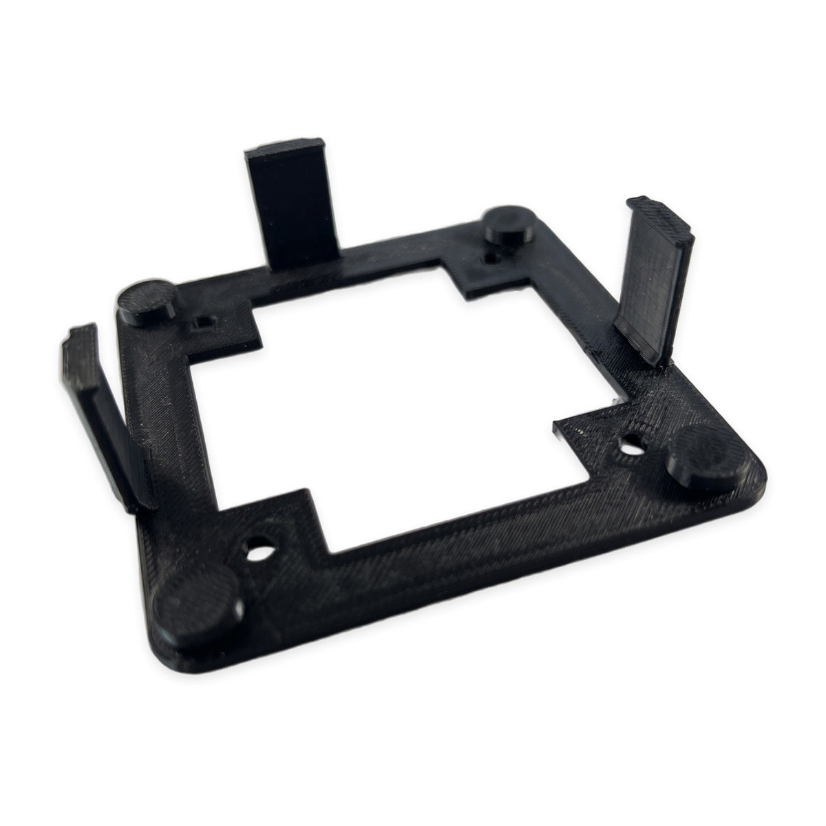 Black PETG wall mounting plate for Hubitat C-8 Pro, angled view showing retaining arms and standoffs