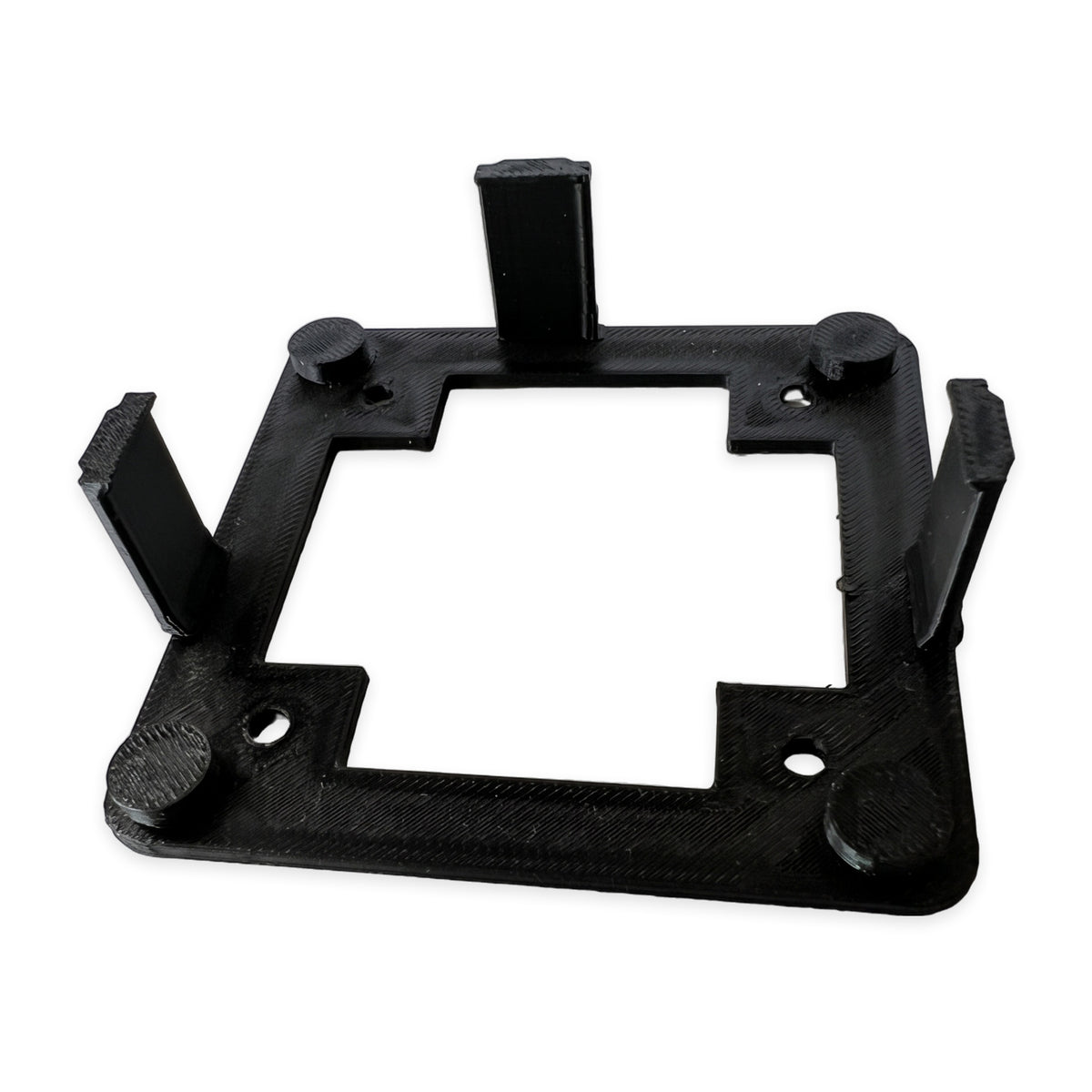 Black PETG wall mounting plate for Hubitat C-8 Pro, front view on white background